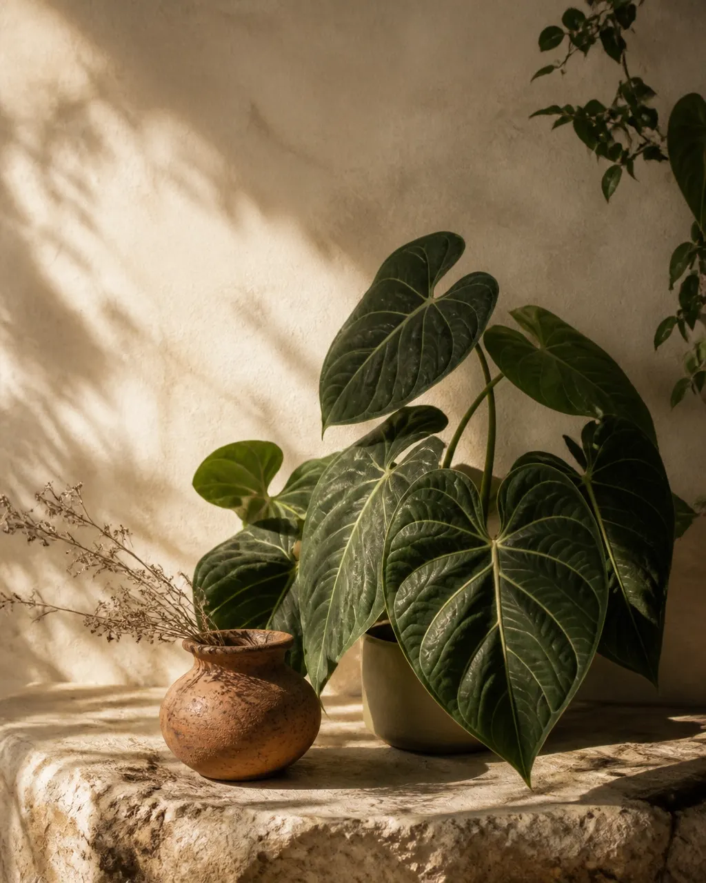 Sculptural green leaves and a handmade ceramic vessel in warm afternoon light