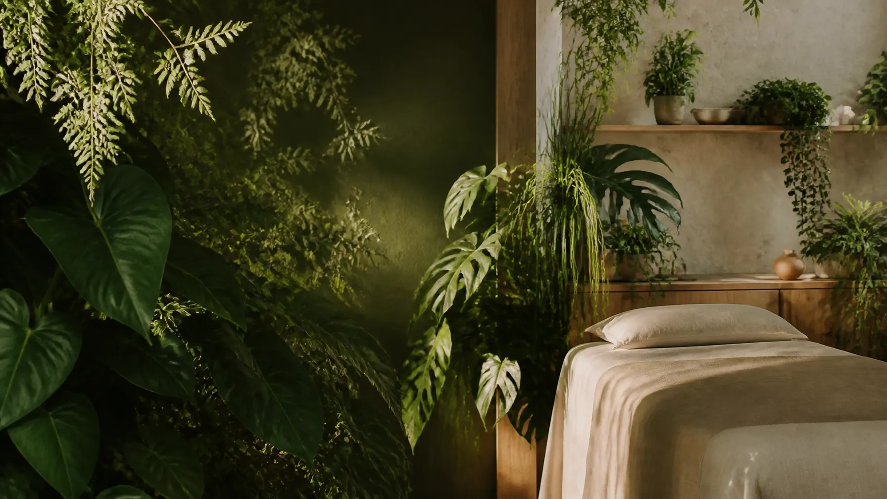 Sunlit wellness treatment room surrounded by lush leafy plants and natural textures